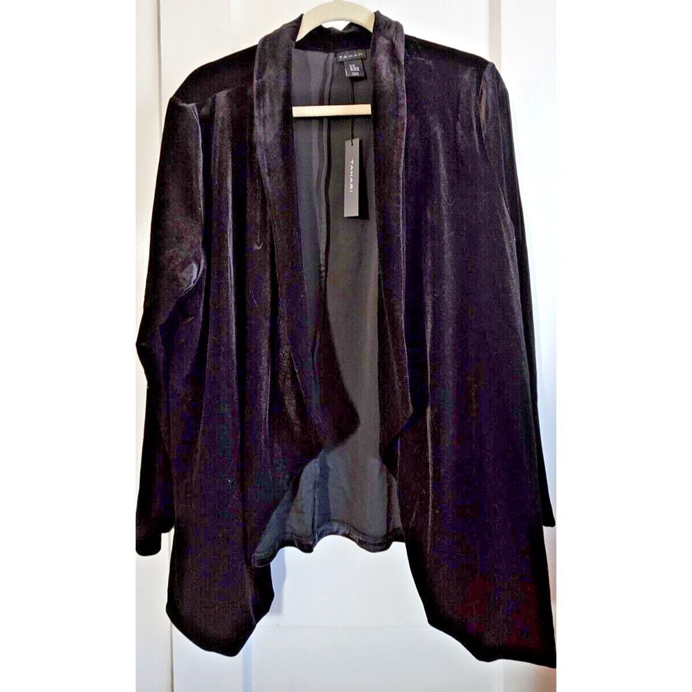 NWT Tahari Velvet Cardigan Drapey waterfall collar open front black lined Sz 2X
